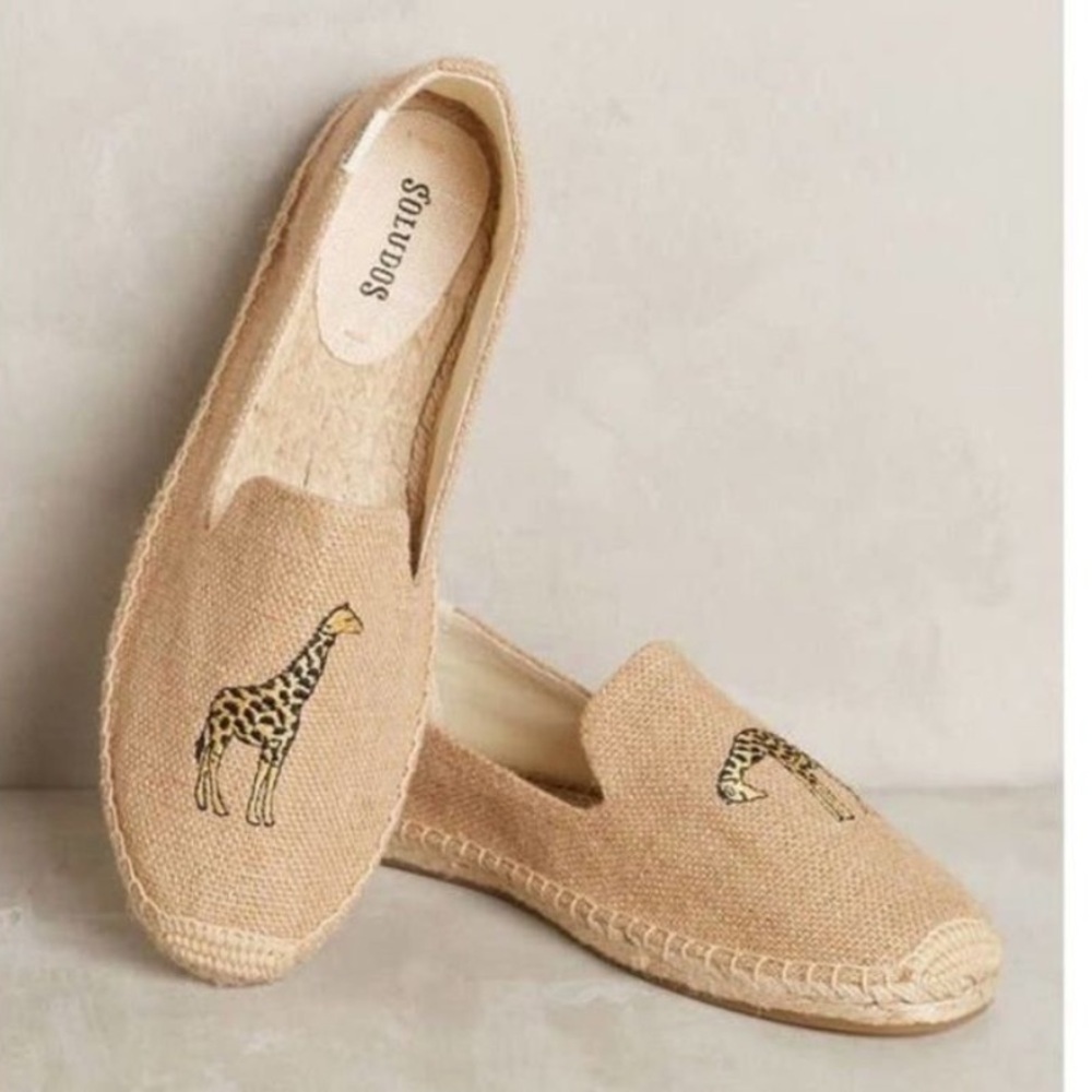 Soludos embroidered giraffe tan woven espadrille flats